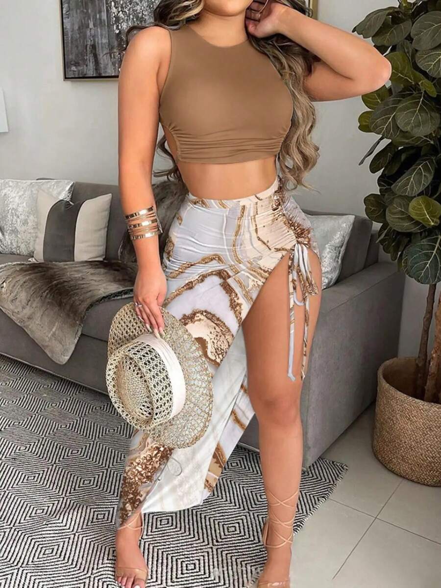 2 peças/Conjunto Mulheres Verão Recorte Costas Vazadas Cor Sólida Férias Lua de Mel Cropped Top & Cintura Elástica Fenda Alta Cordão Relaxado Elegante Conjunto Saia Casual - P (S)