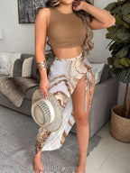 2 peças/Conjunto Mulheres Verão Recorte Costas Vazadas Cor Sólida Férias Lua de Mel Cropped Top & Cintura Elástica Fenda Alta Cordão Relaxado Elegante Conjunto Saia Casual - Caqui