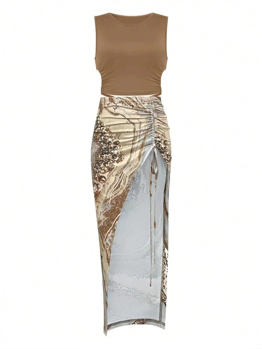 2 peças/Conjunto Mulheres Verão Recorte Costas Vazadas Cor Sólida Férias Lua de Mel Cropped Top & Cintura Elástica Fenda Alta Cordão Relaxado Elegante Conjunto Saia Casual - Caqui