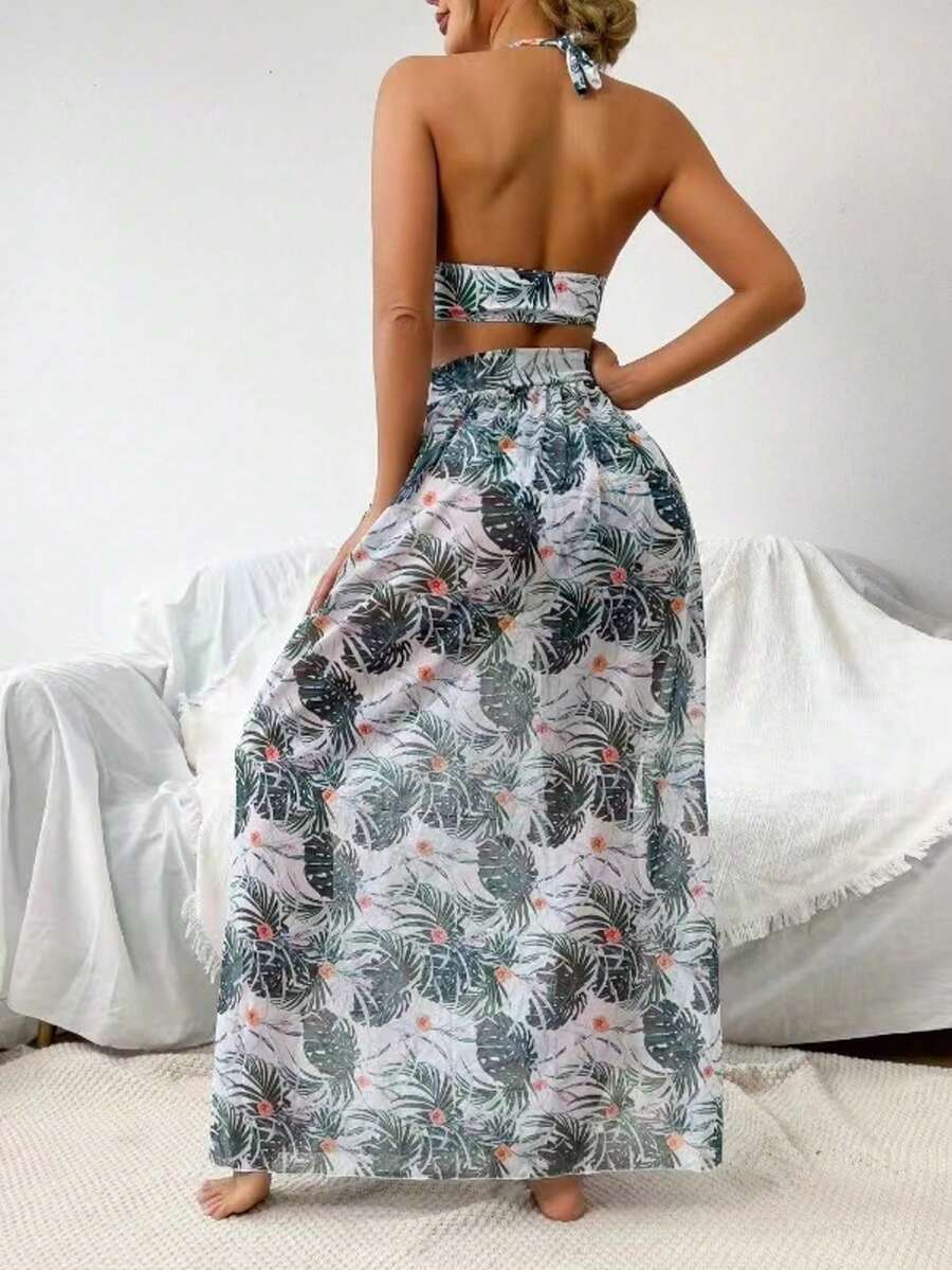 Maiô feminino com estampa tropical e saia combinando - Elástico, lavável à máquina,Maiô Estampado com Flor de Alça de Alça, Combinado com Saia de Cobertura, Mulheres Praia Verão Resort,2 Peças/Conjunto Maiô com Estampa Floral de Decote em V e Calça Pan... - Branco