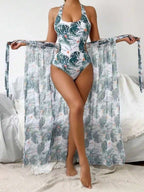Maiô feminino com estampa tropical e saia combinando - Elástico, lavável à máquina,Maiô Estampado com Flor de Alça de Alça, Combinado com Saia de Cobertura, Mulheres Praia Verão Resort,2 Peças/Conjunto Maiô com Estampa Floral de Decote em V e Calça Pan... - Branco