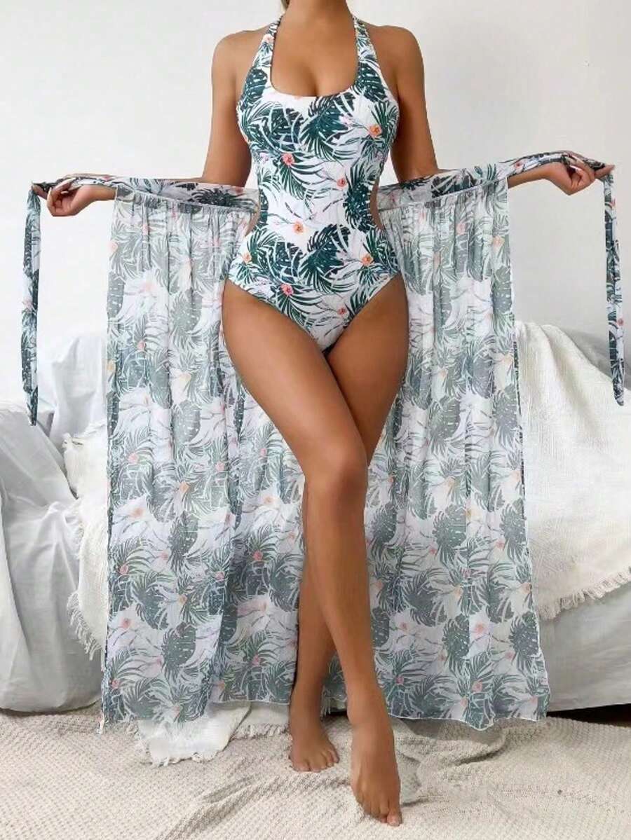 Maiô feminino com estampa tropical e saia combinando - Elástico, lavável à máquina,Maiô Estampado com Flor de Alça de Alça, Combinado com Saia de Cobertura, Mulheres Praia Verão Resort,2 Peças/Conjunto Maiô com Estampa Floral de Decote em V e Calça Pan... - Branco