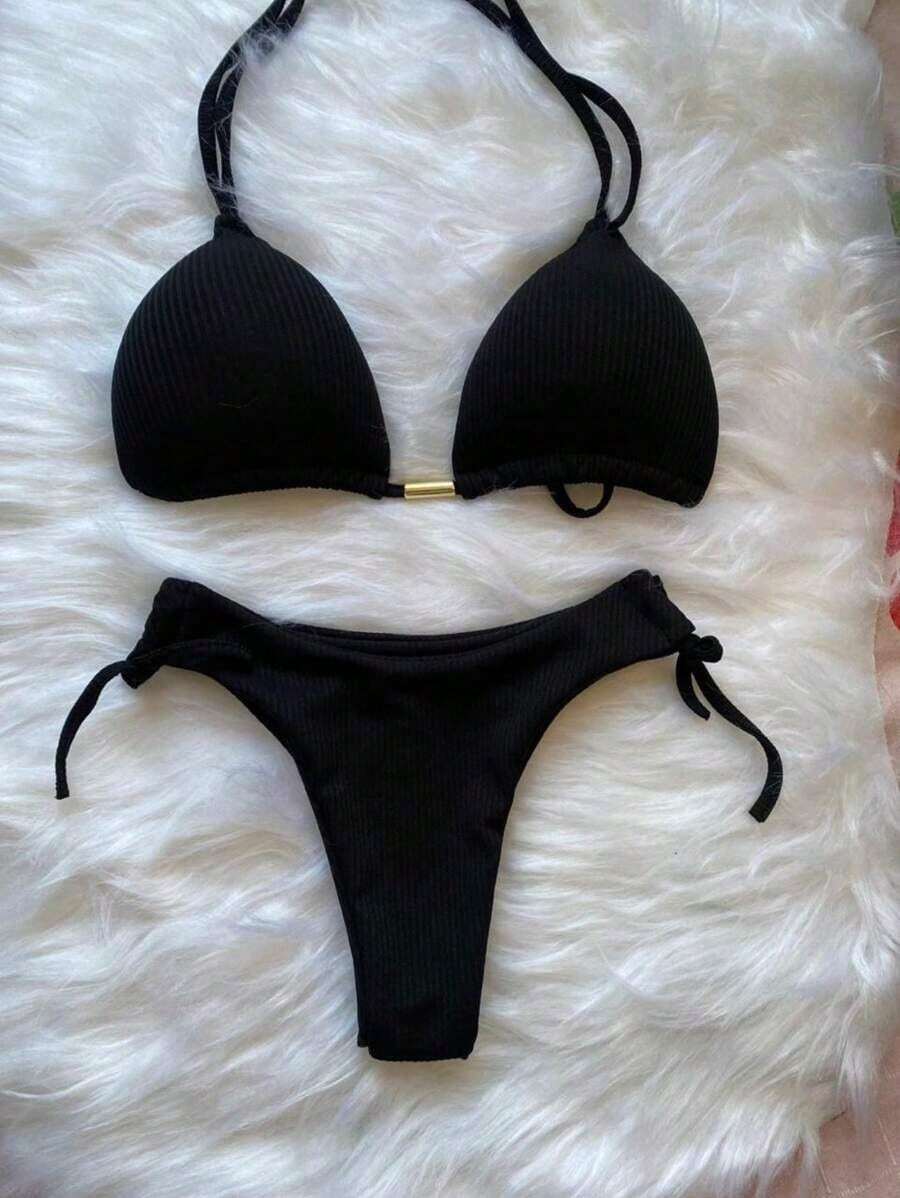 Biquini Cortininha com Bojo e Fio Duplo Semi Fio Dental - Preto