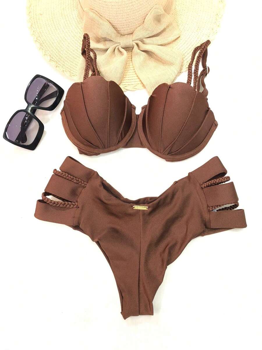 Simples    elegante  Fofo    Tecido    Detalhe da taça    Férias  Praia - Marrom