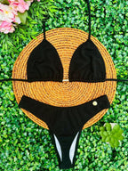 Biquini Feminino de Asa delta Annaruga Cortininha Fio Dental Moda Praia Tendencia Versátil para o Verão - Preto