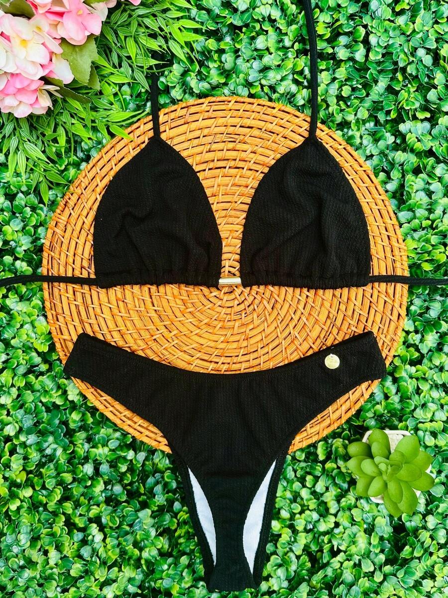 Biquini Feminino de Asa delta Annaruga Cortininha Fio Dental Moda Praia Tendencia Versátil para o Verão - Preto