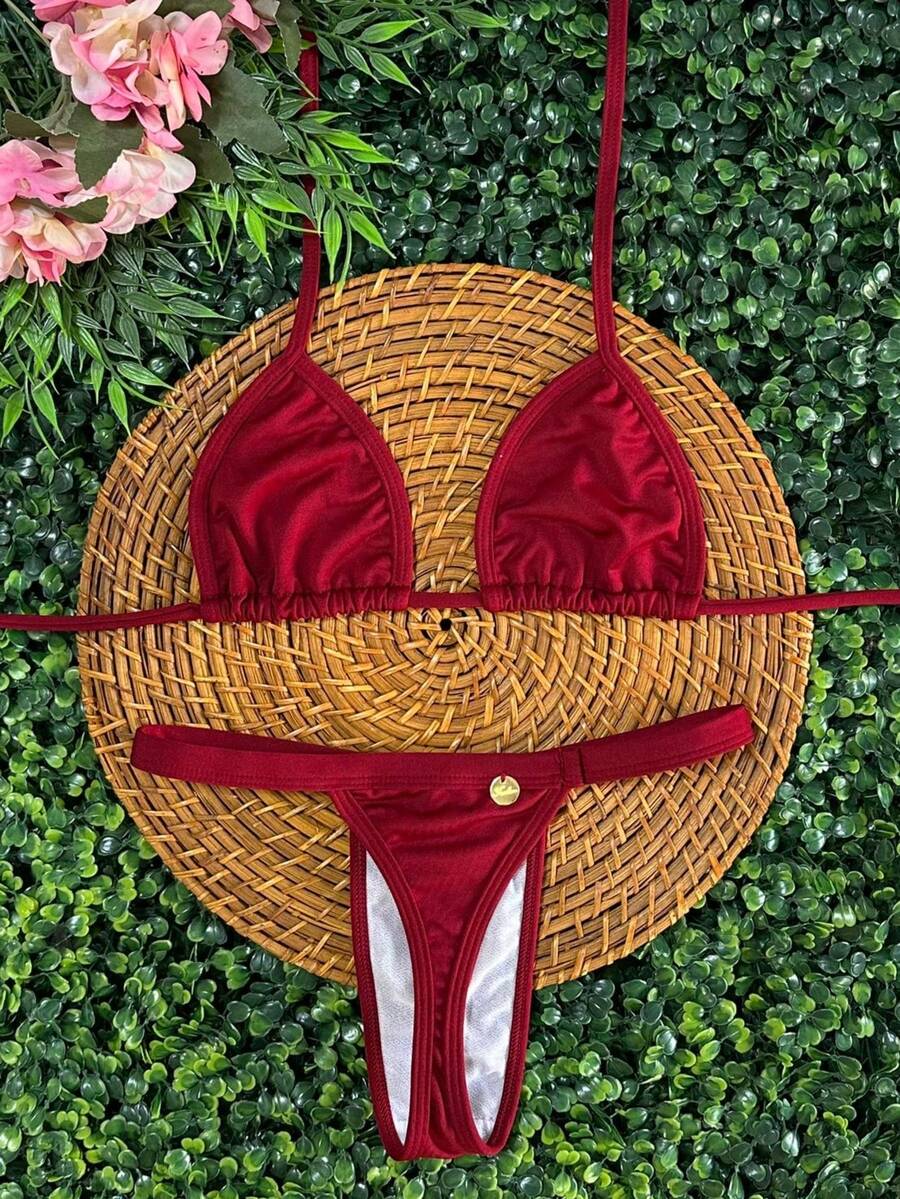 Biquini Feminino fita suplex Fio Dental Moda Praia Tendencia Versátil para o Verão - Vermelho bordo