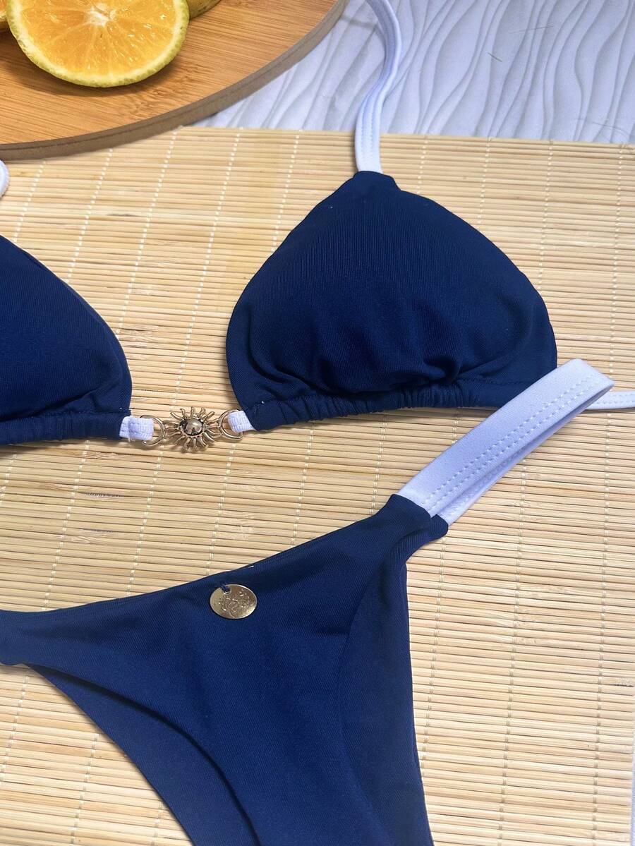 Biquíni Cortininha AZUL MARINHO COM BRANCO  fivela de sol Fio Dental bojo removível poliamida marquinha verão bronze  Fofo    Tecido de malha    Tie Back  Amarrar  Nó    Férias  Praia - Azul Marinho