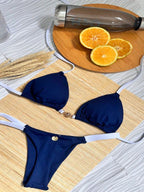 Biquíni Cortininha AZUL MARINHO COM BRANCO  fivela de sol Fio Dental bojo removível poliamida marquinha verão bronze  Fofo    Tecido de malha    Tie Back  Amarrar  Nó    Férias  Praia - Azul Marinho