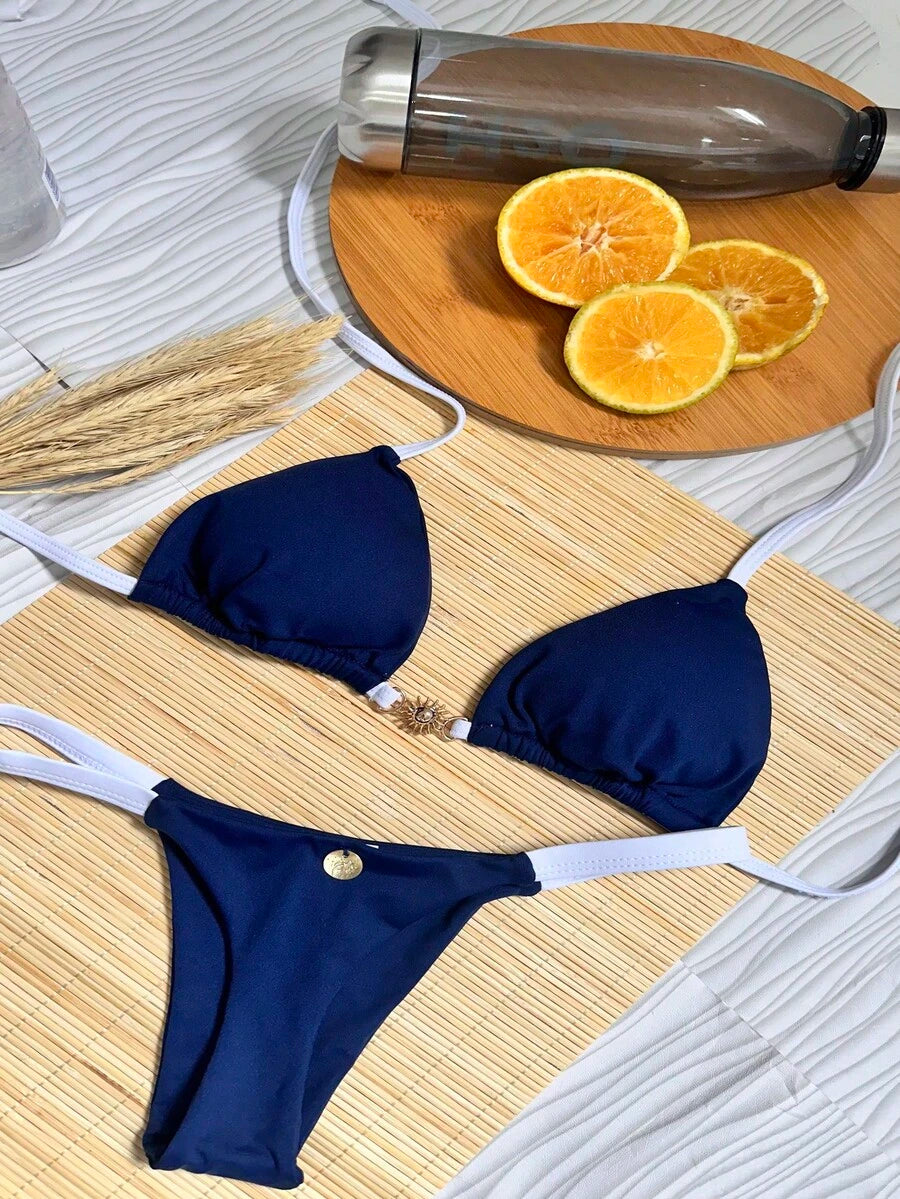 Biquíni Cortininha AZUL MARINHO COM BRANCO  fivela de sol Fio Dental bojo removível poliamida marquinha verão bronze  Fofo    Tecido de malha    Tie Back  Amarrar  Nó    Férias  Praia - Azul Marinho