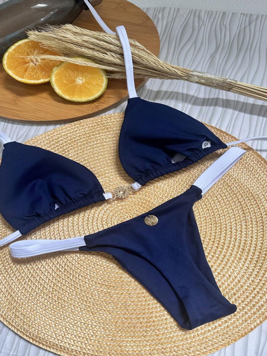 Biquíni Cortininha AZUL MARINHO COM BRANCO  fivela de sol Fio Dental bojo removível poliamida marquinha verão bronze  Fofo    Tecido de malha    Tie Back  Amarrar  Nó    Férias  Praia - Azul Marinho