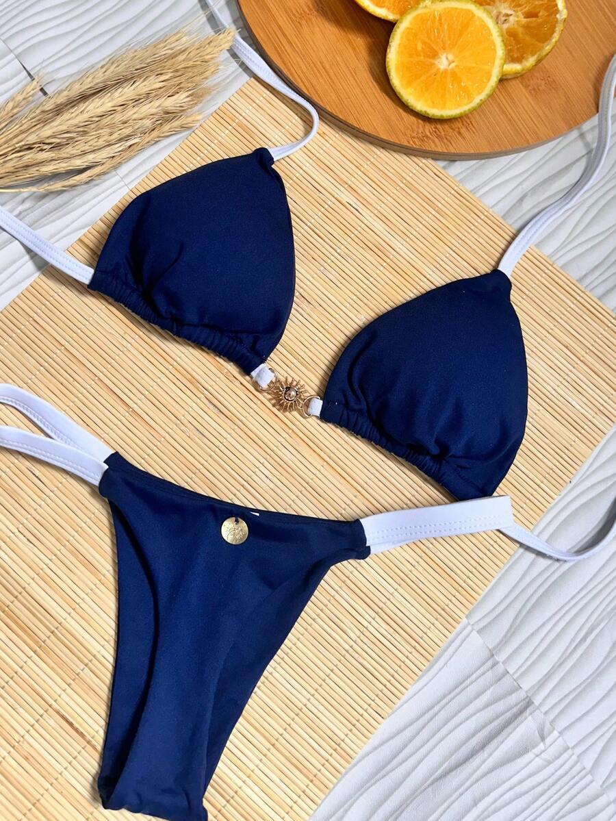 Biquíni Cortininha AZUL MARINHO COM BRANCO  fivela de sol Fio Dental bojo removível poliamida marquinha verão bronze  Fofo    Tecido de malha    Tie Back  Amarrar  Nó    Férias  Praia - Azul Marinho
