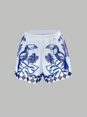 Swim Oasis Maiô com Alças Finas e Estampa de Palmeira com Shorts de Cobertura para Férias - Azul e Branco