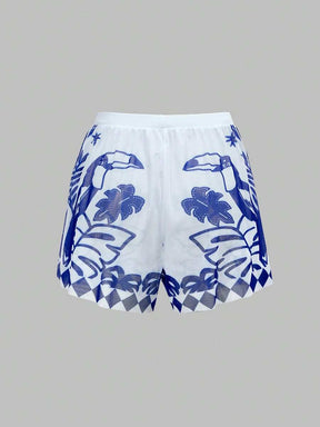 Swim Oasis Maiô com Alças Finas e Estampa de Palmeira com Shorts de Cobertura para Férias - Azul e Branco