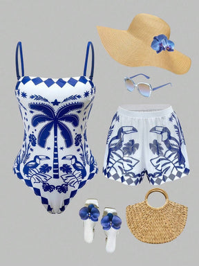 Swim Oasis Maiô com Alças Finas e Estampa de Palmeira com Shorts de Cobertura para Férias - Azul e Branco