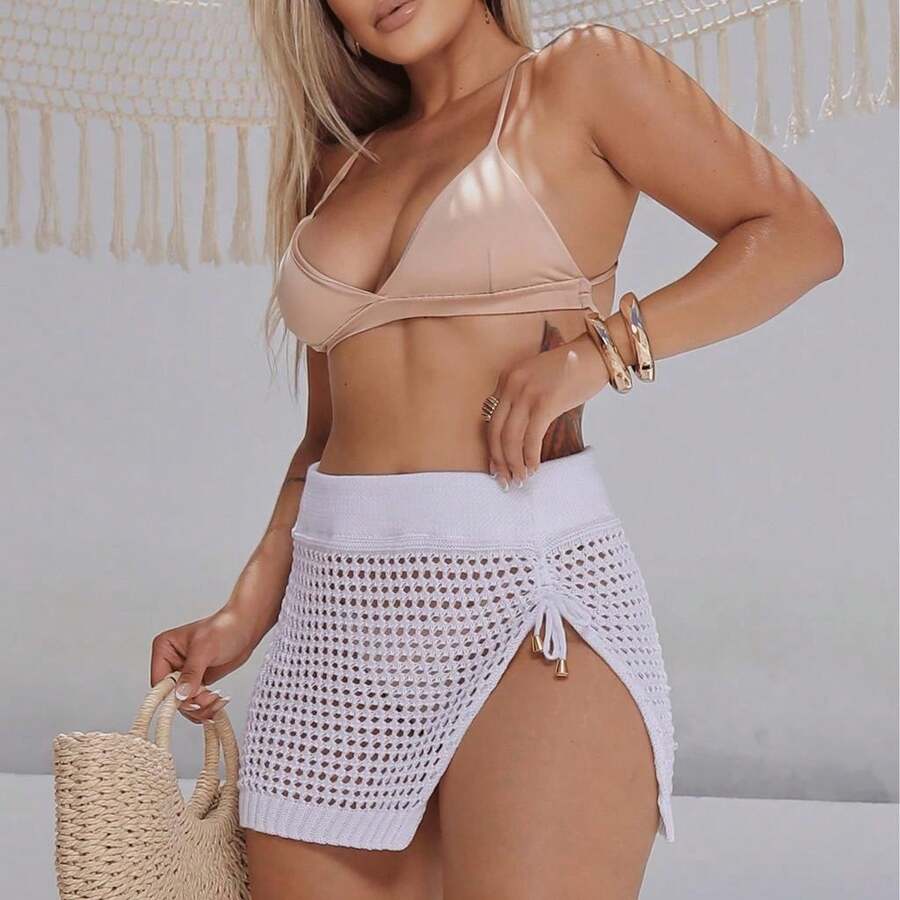 Saia Saída de Praia Feminina em Tricot com Fenda Lateral Moda Verão Estilo Blogueirinha, Saia Crochê Longa Elegante e Estilosa para Praia, Piscina e Resort - Branco