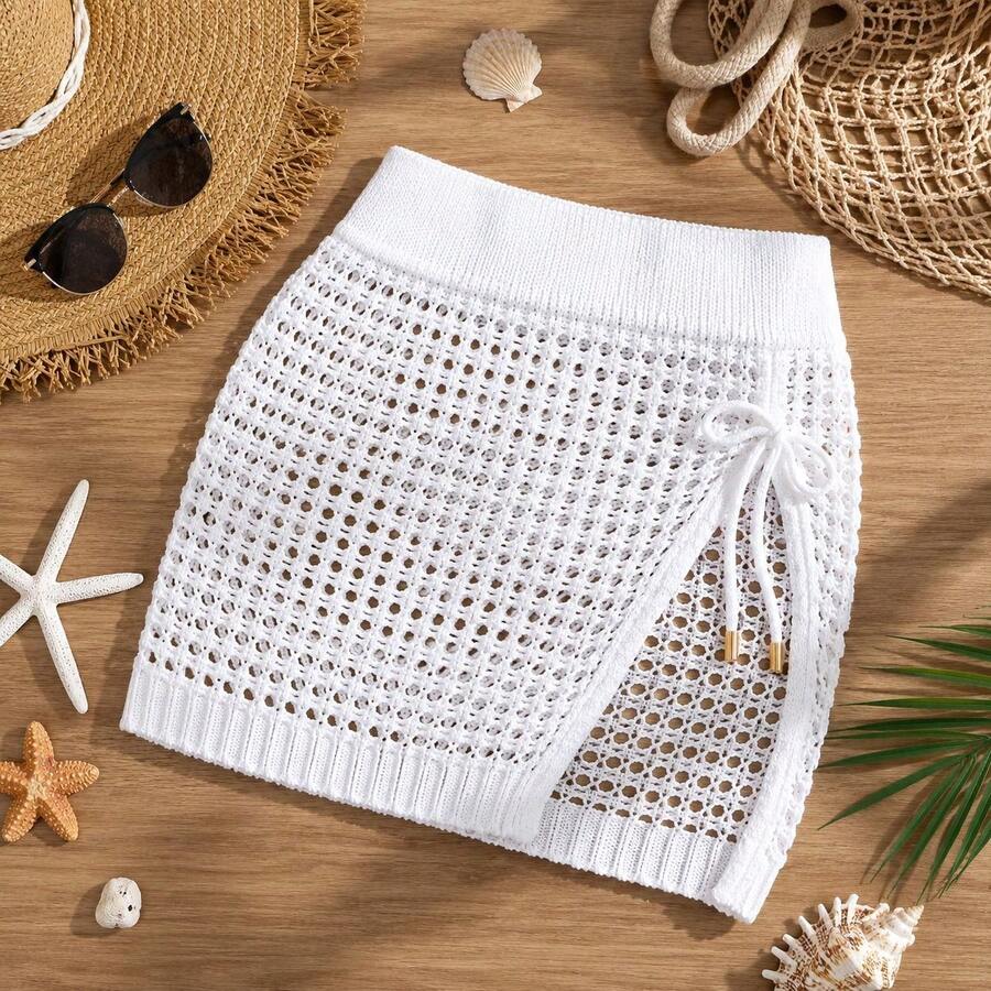 Saia Saída de Praia Feminina em Tricot com Fenda Lateral Moda Verão Estilo Blogueirinha, Saia Crochê Longa Elegante e Estilosa para Praia, Piscina e Resort - Branco