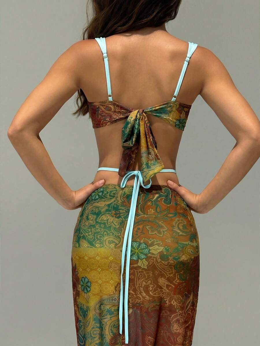 Aloruh Conjunto de 2 peças com Top Bra com Decoração de Estrela do Mar Metálica e Saia Longa Estampa de Caju para Férias - Castanho
