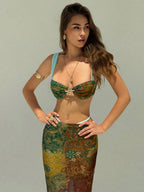 Aloruh Conjunto de 2 peças com Top Bra com Decoração de Estrela do Mar Metálica e Saia Longa Estampa de Caju para Férias - Castanho