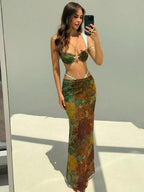 Aloruh Conjunto de 2 peças com Top Bra com Decoração de Estrela do Mar Metálica e Saia Longa Estampa de Caju para Férias - Castanho