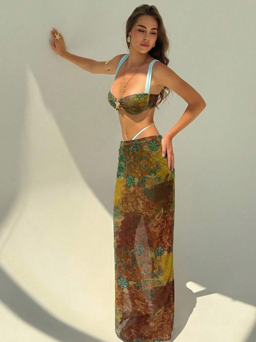 Aloruh Conjunto de 2 peças com Top Bra com Decoração de Estrela do Mar Metálica e Saia Longa Estampa de Caju para Férias - Castanho