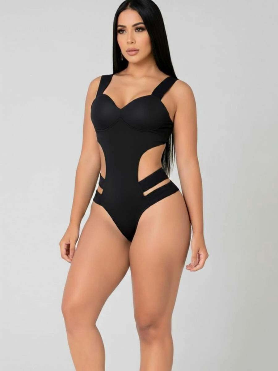 Maiô feminino preto com decote halter assimétrico e costas nuas, modelo biquíni sexy com amarração nas costas e alta elasticidade. - Preto