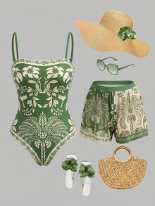 Swim Oasis Maiô com Alças Finas e Estampa de Palmeira com Shorts de Cobertura para Férias - Verde
