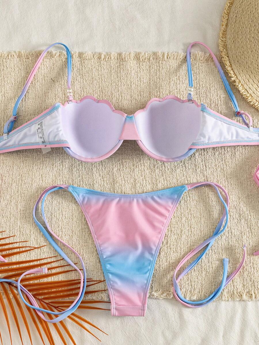 Conjunto de Maiô Bikini Triângulo com Amarração Estilo Ins Sexy para Mulheres, Verão Primavera Novo, Concha de Sereia, Duas Peças Separadas com Degradê Rosa Neon e Azul com Acessórios de Pérola, Conjunto de Maiô Bikini para Férias no Oceano, M... - Multicolorido