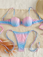 Conjunto de Maiô Bikini Triângulo com Amarração Estilo Ins Sexy para Mulheres, Verão Primavera Novo, Concha de Sereia, Duas Peças Separadas com Degradê Rosa Neon e Azul com Acessórios de Pérola, Conjunto de Maiô Bikini para Férias no Oceano, M... - Multicolorido