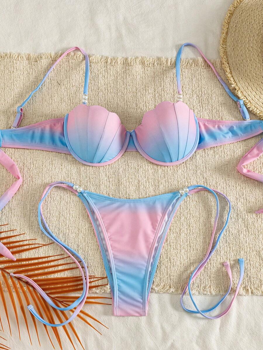 Conjunto de Maiô Bikini Triângulo com Amarração Estilo Ins Sexy para Mulheres, Verão Primavera Novo, Concha de Sereia, Duas Peças Separadas com Degradê Rosa Neon e Azul com Acessórios de Pérola, Conjunto de Maiô Bikini para Férias no Oceano, M... - Multicolorido