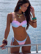 Conjunto de Maiô Bikini Triângulo com Amarração Estilo Ins Sexy para Mulheres, Verão Primavera Novo, Concha de Sereia, Duas Peças Separadas com Degradê Rosa Neon e Azul com Acessórios de Pérola, Conjunto de Maiô Bikini para Férias no Oceano, M... - Multicolorido