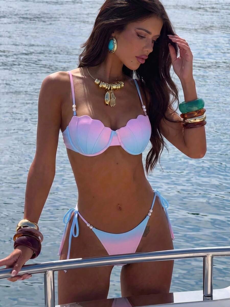 Conjunto de Maiô Bikini Triângulo com Amarração Estilo Ins Sexy para Mulheres, Verão Primavera Novo, Concha de Sereia, Duas Peças Separadas com Degradê Rosa Neon e Azul com Acessórios de Pérola, Conjunto de Maiô Bikini para Férias no Oceano, M... - Multicolorido