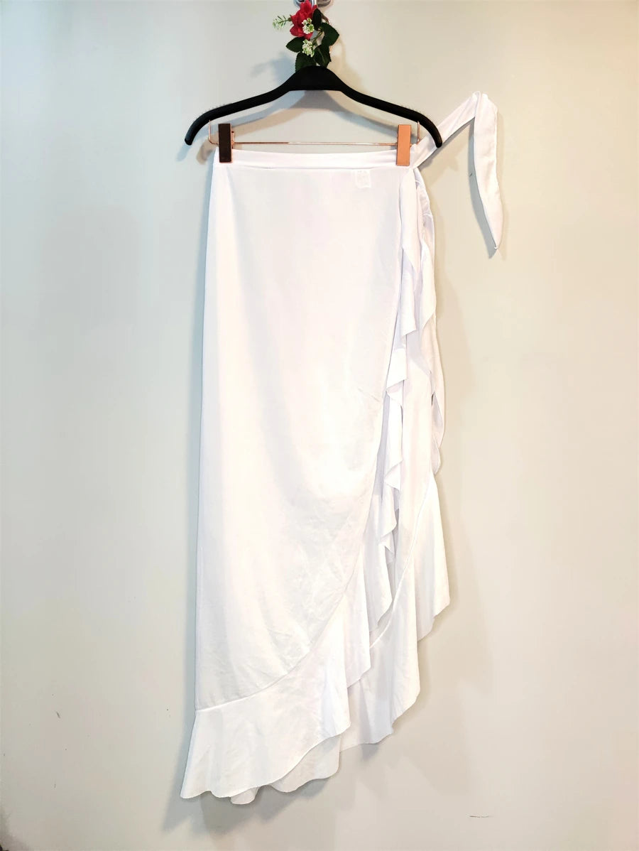Saída de praia LONGA Liso com Babados/Saia Pareôo de Amarrar - Branco