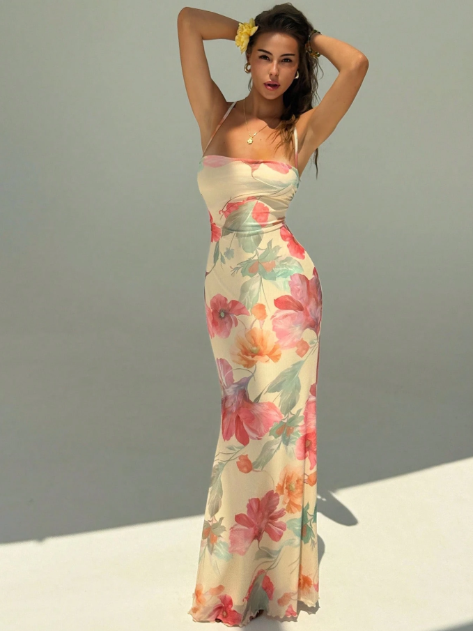 Longo Ocean Fleur — Traje de Verão Estampado em Malha Fluida