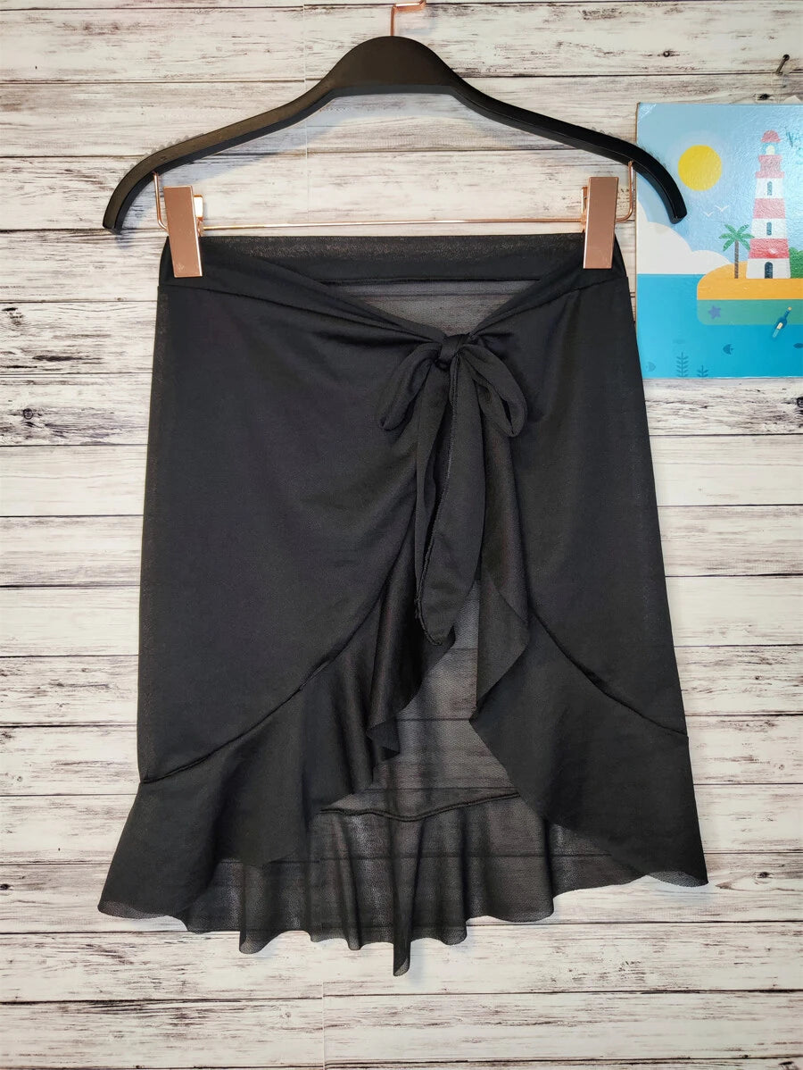 Saída de praia CURTA liso com Babados/Saia Pareô de Amarrar /moda praia - Preto