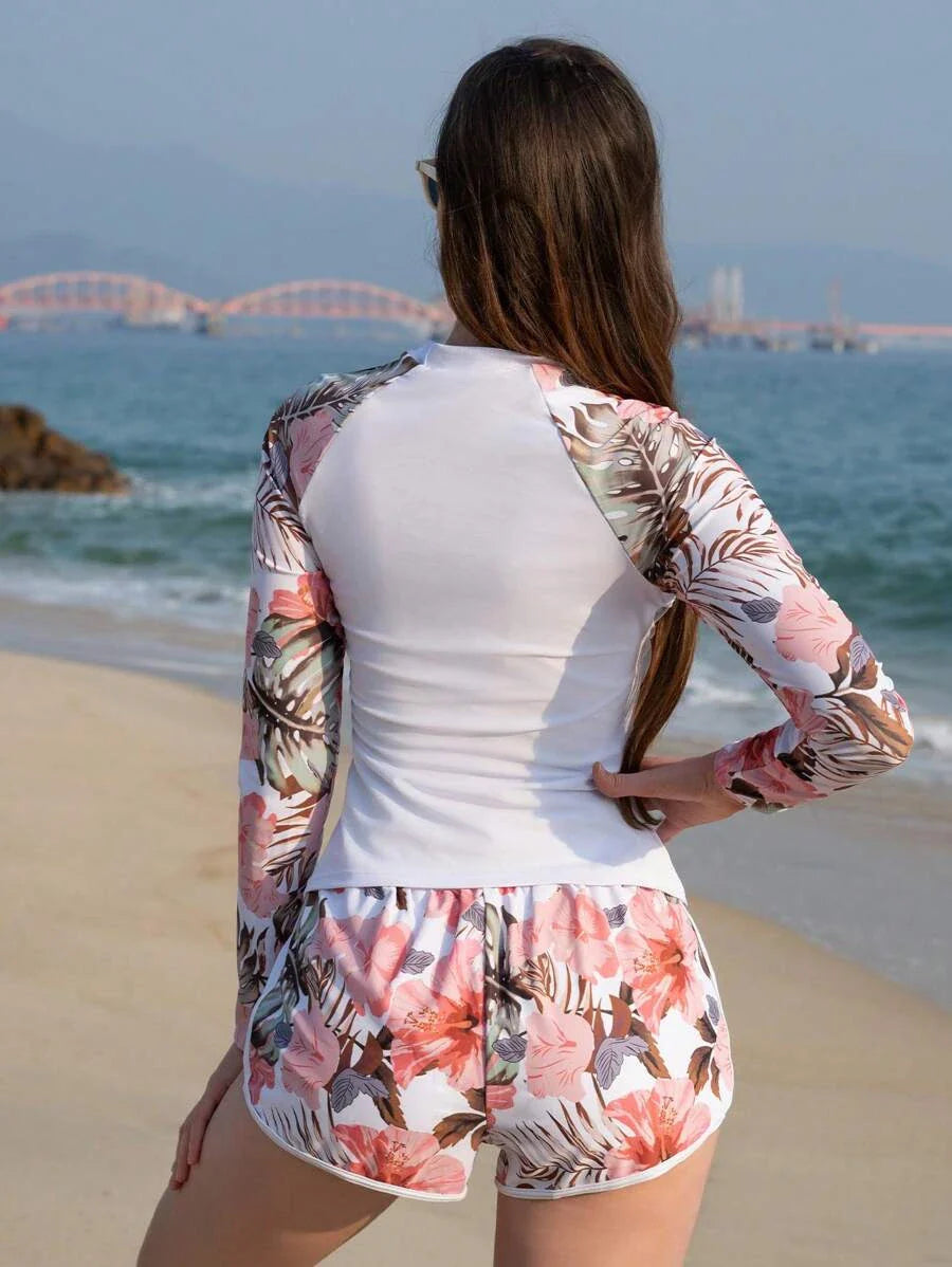 Conjunto UV Feminino Manga Longa e Short Tropical – Rosa