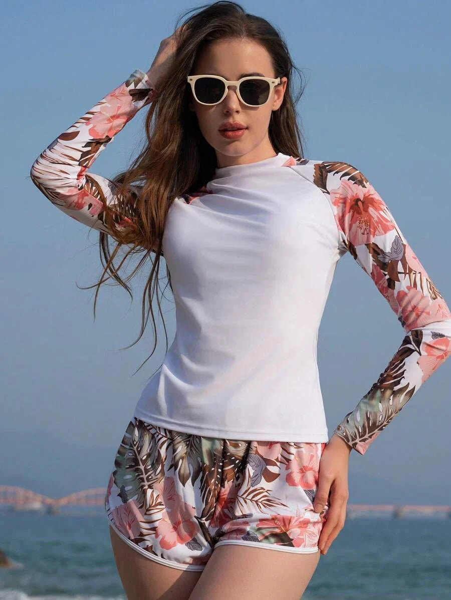 Conjunto UV Feminino Manga Longa e Short Tropical – Rosa